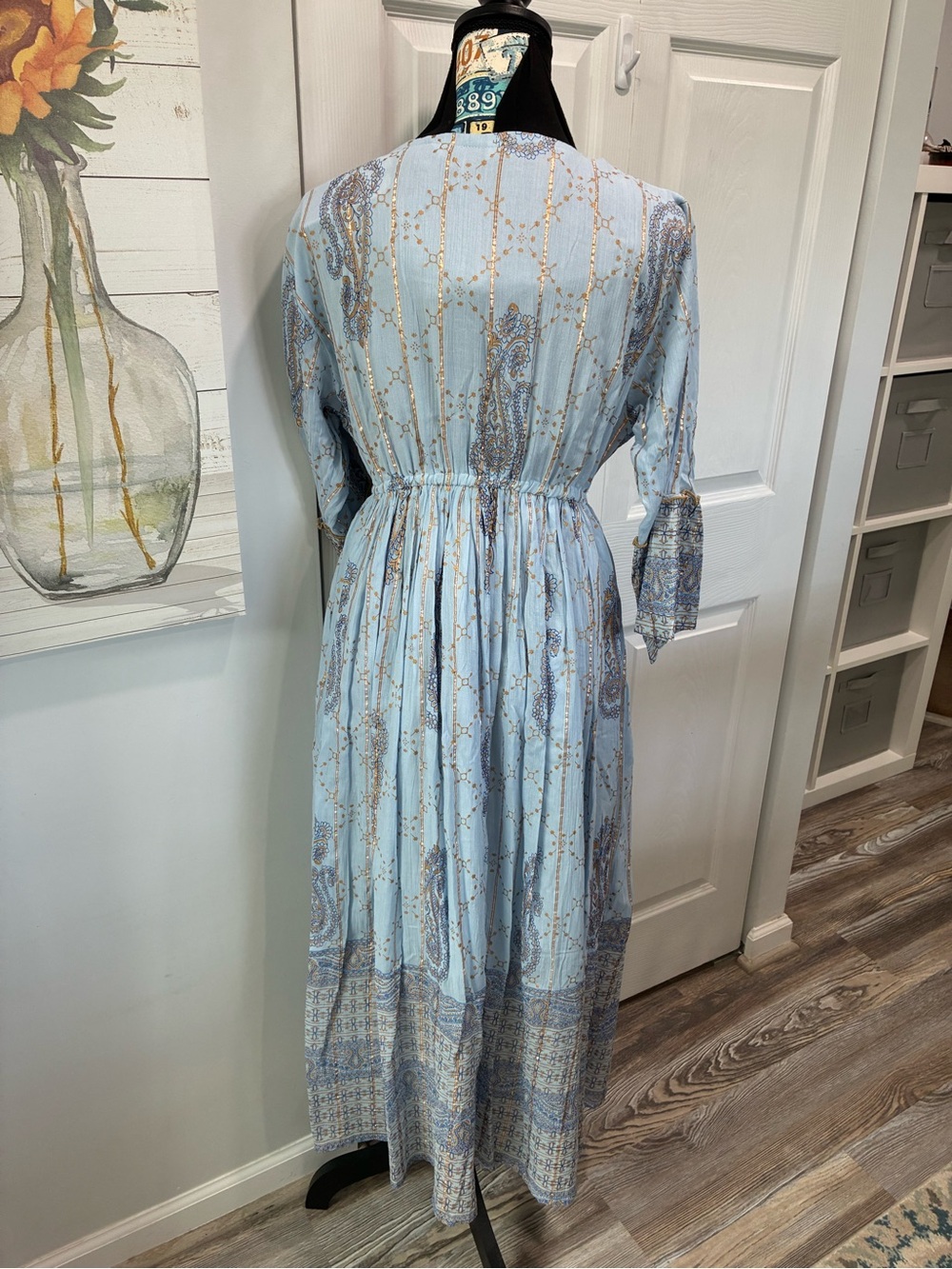 Light Blue Paisley Boho Maxi Dress with Tassel Tie - Picture 5 of 8